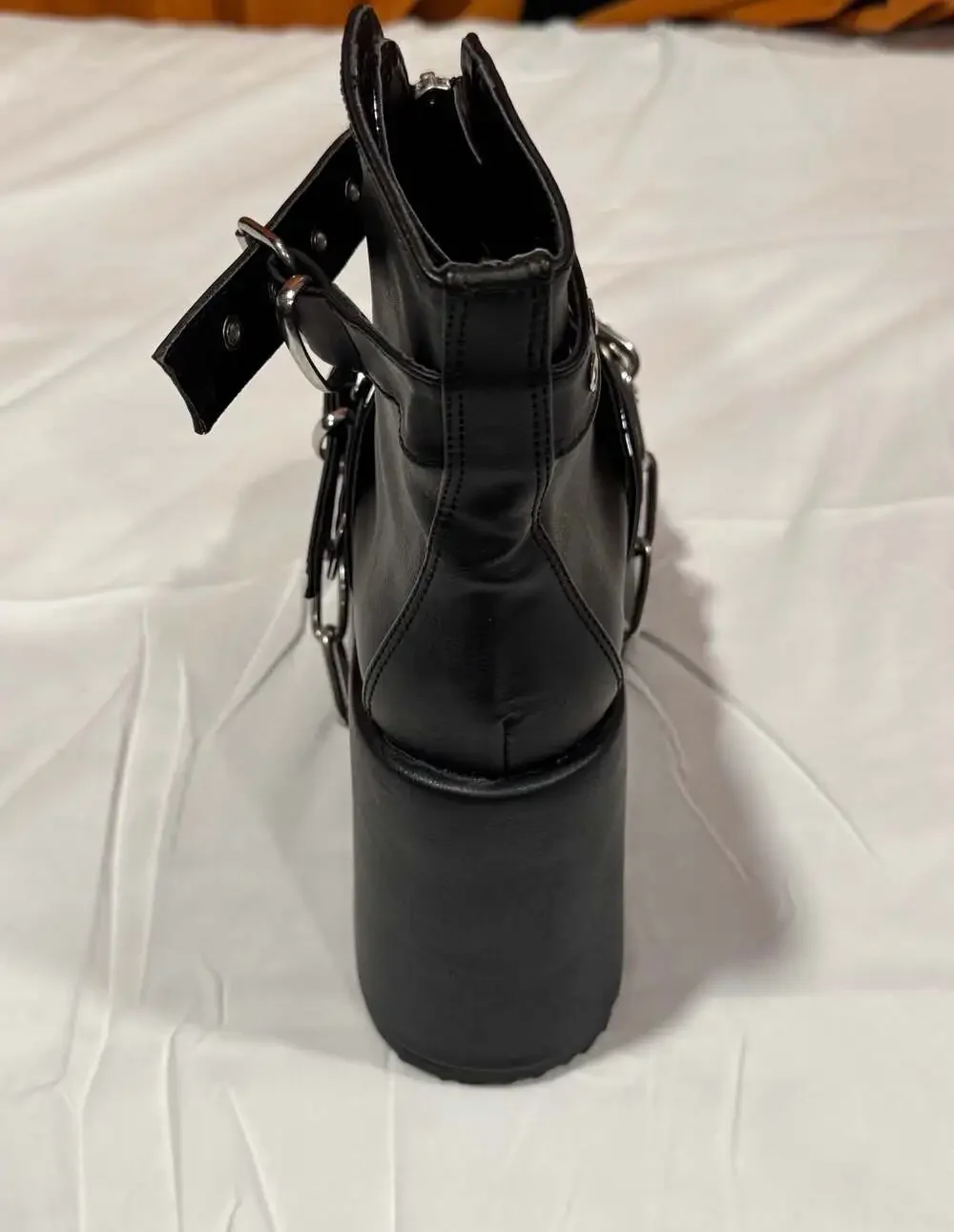 Demonia Camel-203 Black Vegan Leather Platform Boots with Chains and Padlock